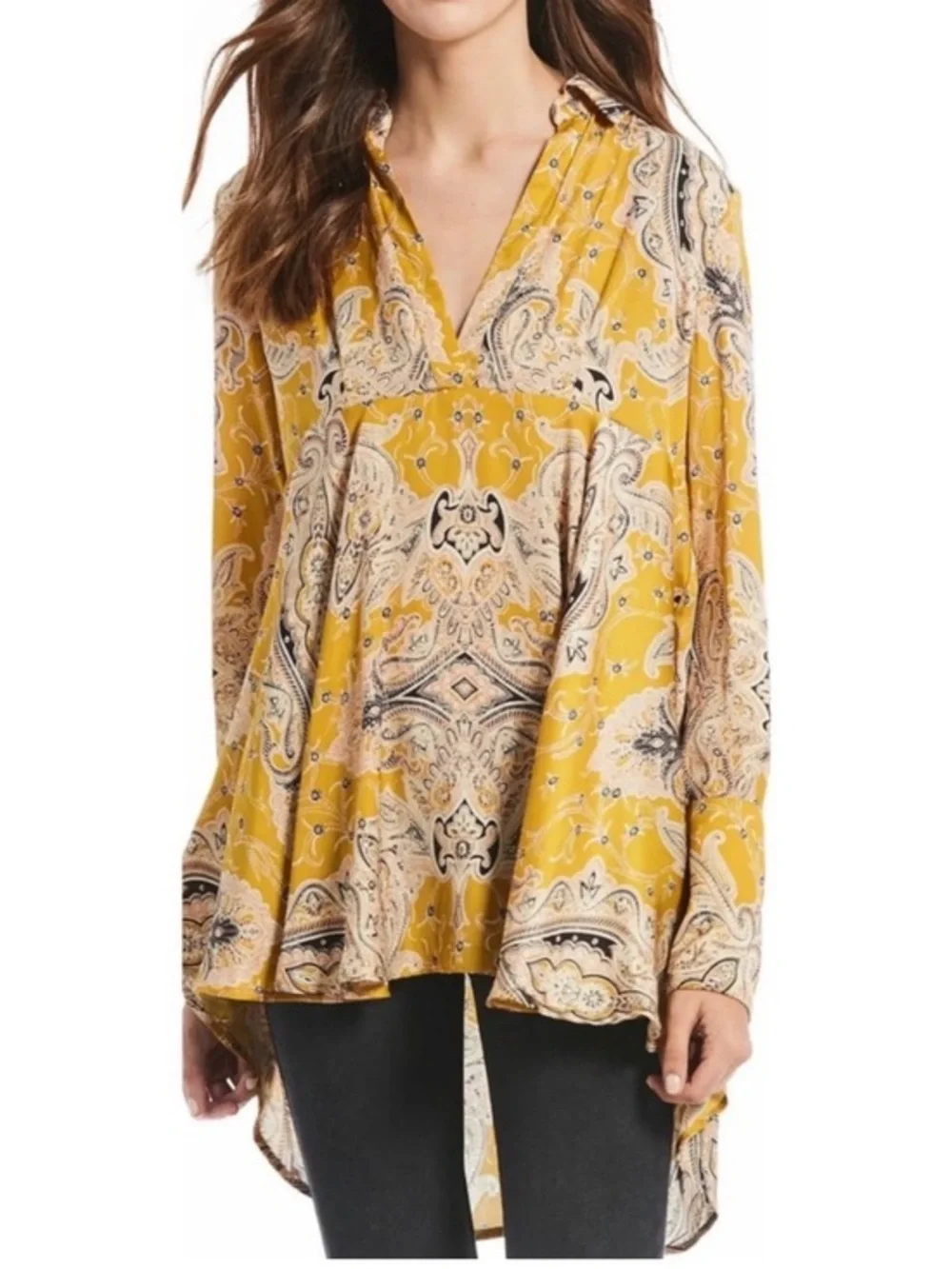 Free People Mustard Paisley V-Neck Tunic